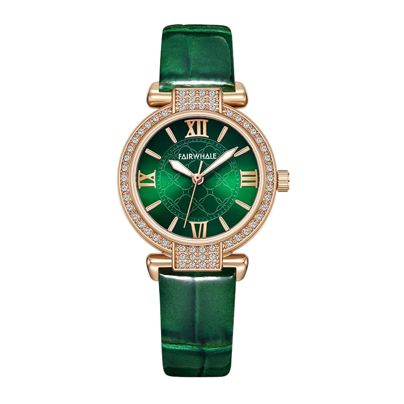 Green watch with rose gold case and green strap on white background