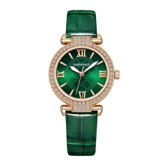 Green watch with rose gold case and green strap on white background