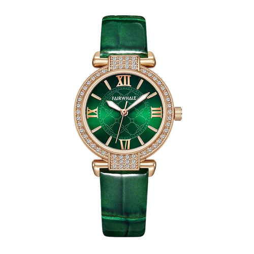 Green watch with rose gold case and green strap on white background