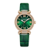Green watch with rose gold case and green strap on white background