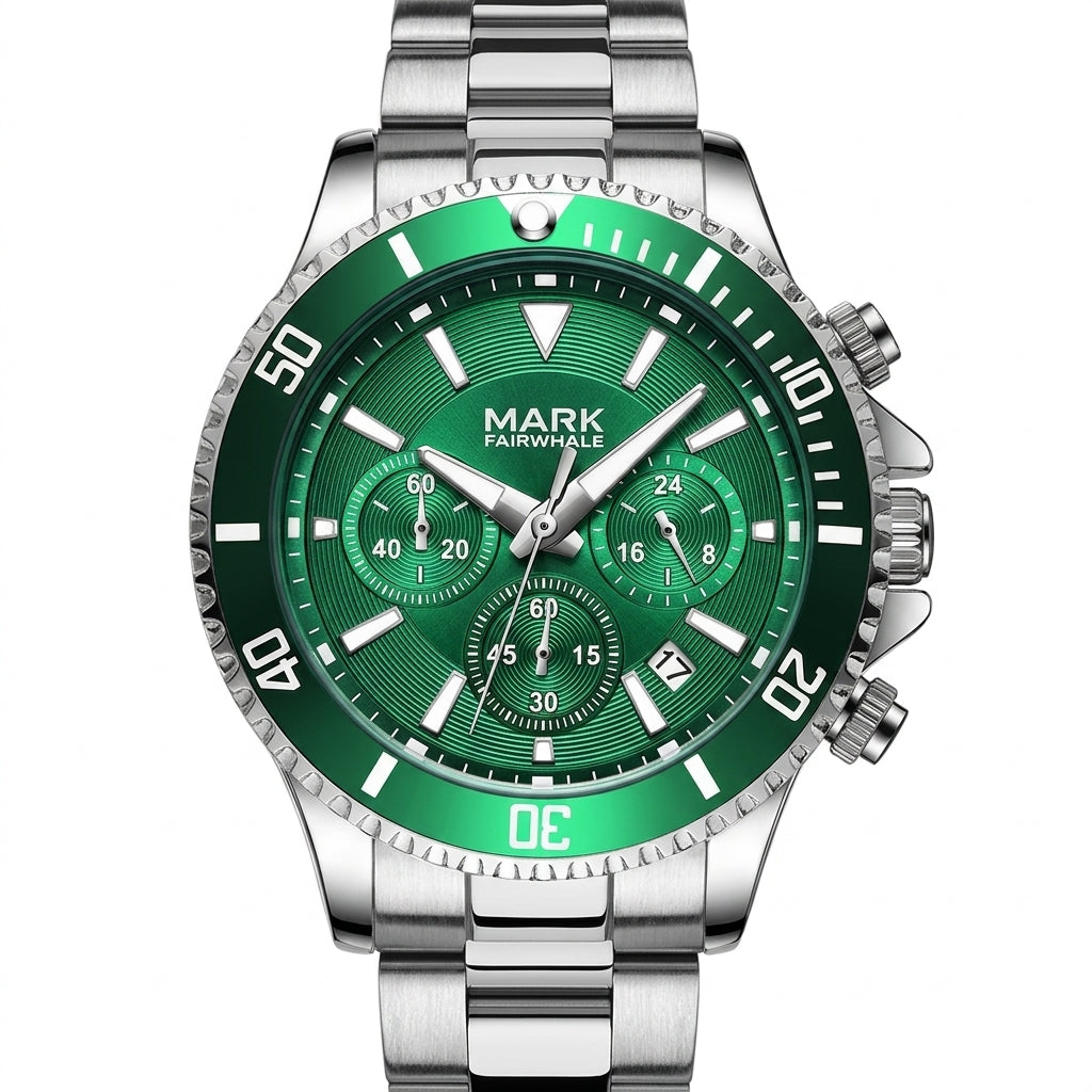 Green watch with silver case and band on a white background