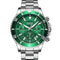 Green watch with silver case and band on a white background