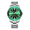 Green watch with silver bracelet on a white background
