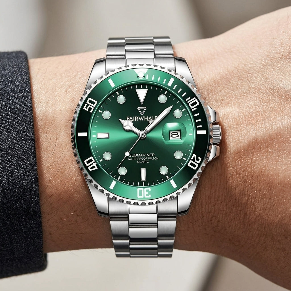 Green watch with silver case and band on a wrist against a neutral background