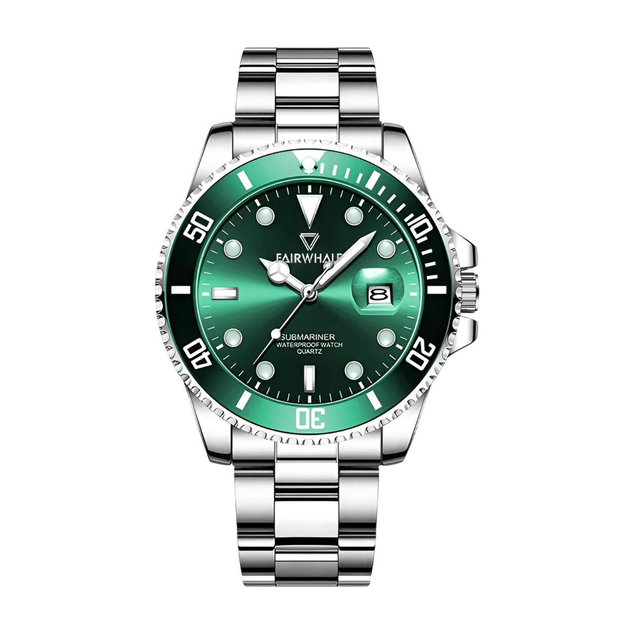 Green watch with silver strap on a white background