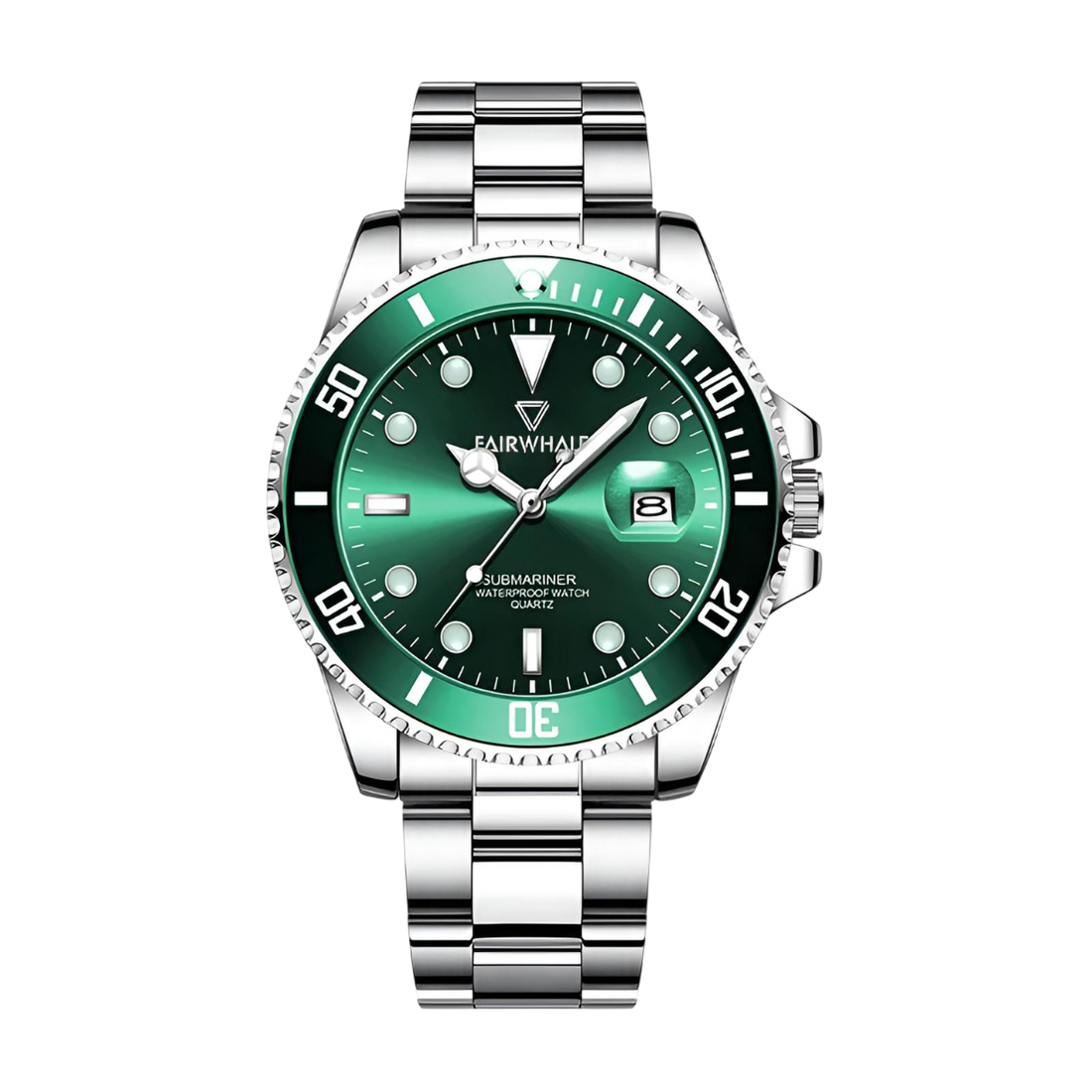Green watch with silver strap on a white background