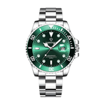 Green watch with silver strap on a white background