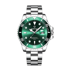 Green watch with silver strap on a white background