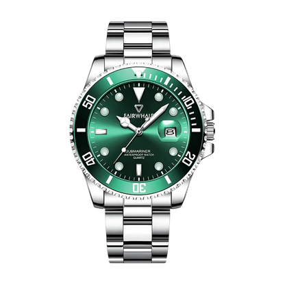 Green watch with silver strap on a white background