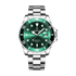 Green watch with silver strap on a white background