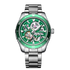 Green wristwatch with silver metal strap on a white background