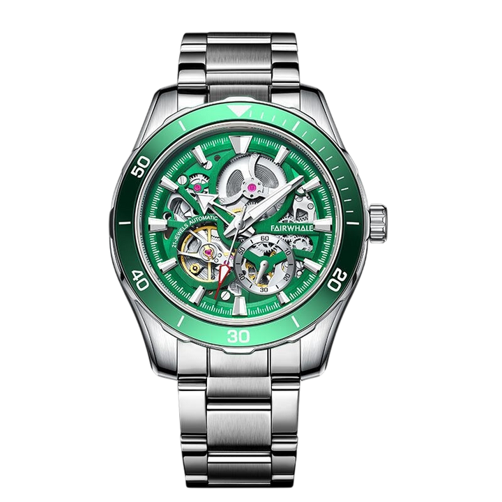 Green wristwatch with silver metal strap on a white background