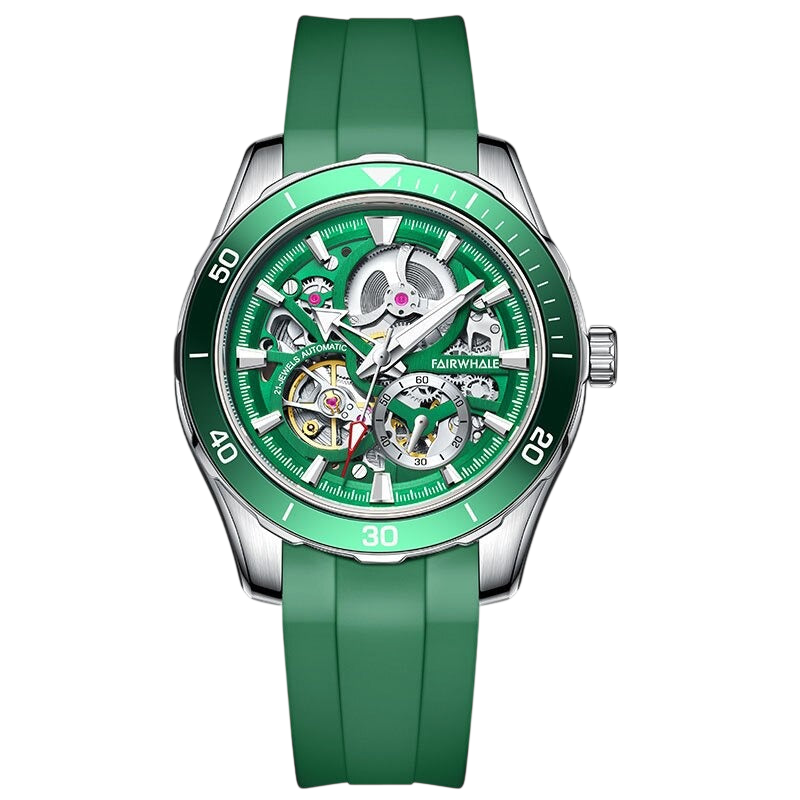 Green wristwatch with a detailed face on a white background