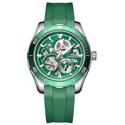 Green wristwatch with a detailed face on a white background