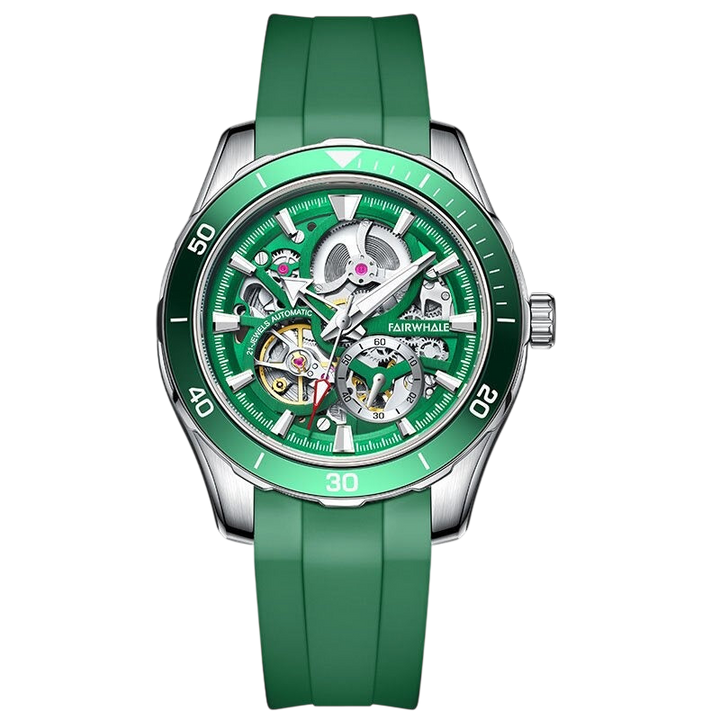 Green wristwatch with a detailed face on a white background