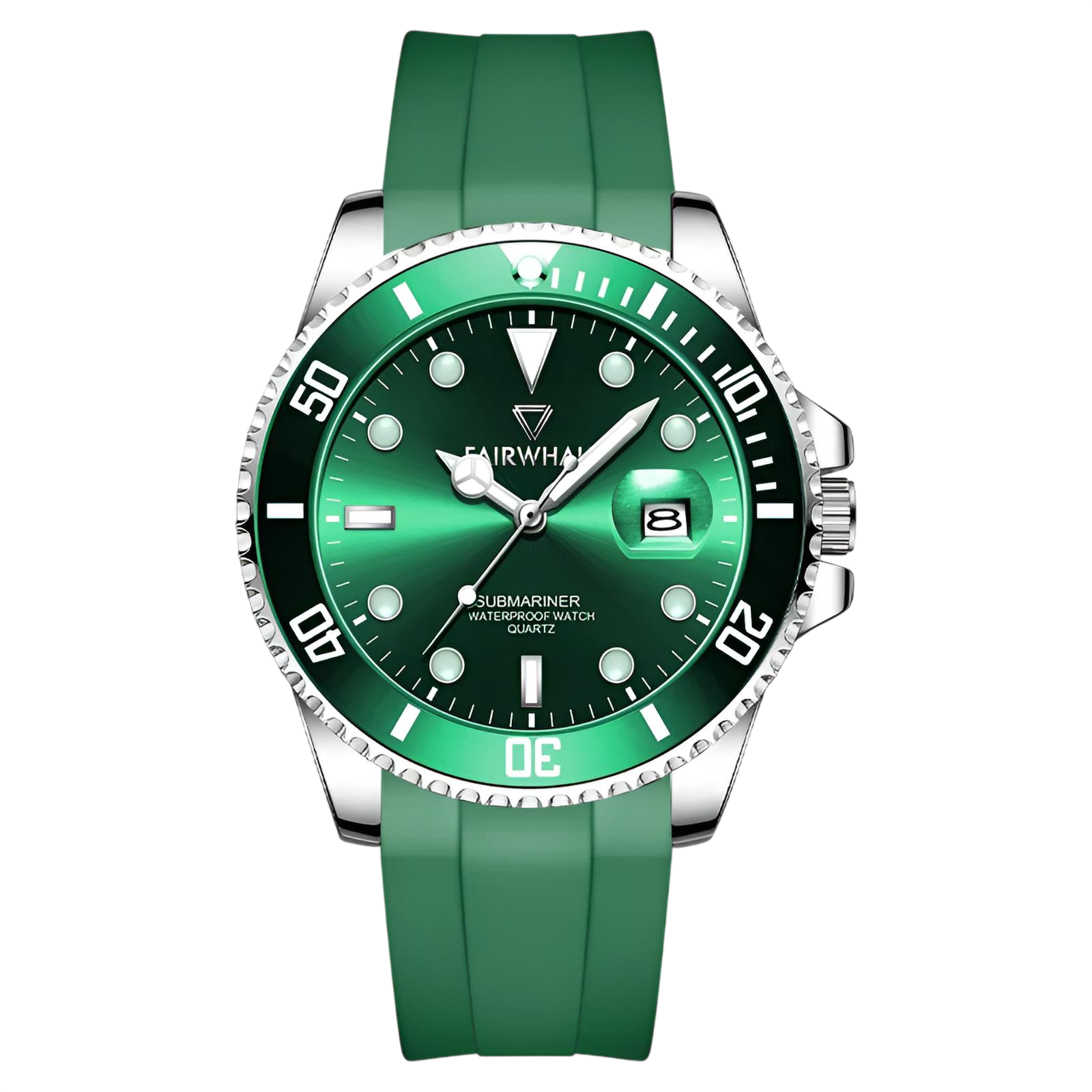 Green wristwatch with a green strap on a white background