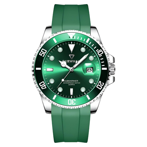 Green wristwatch with a green strap on a white background