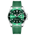 Green wristwatch with a green strap on a white background