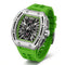 Green wristwatch with a silver case on a white background