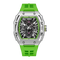 Green wristwatch with a silver case on a white background