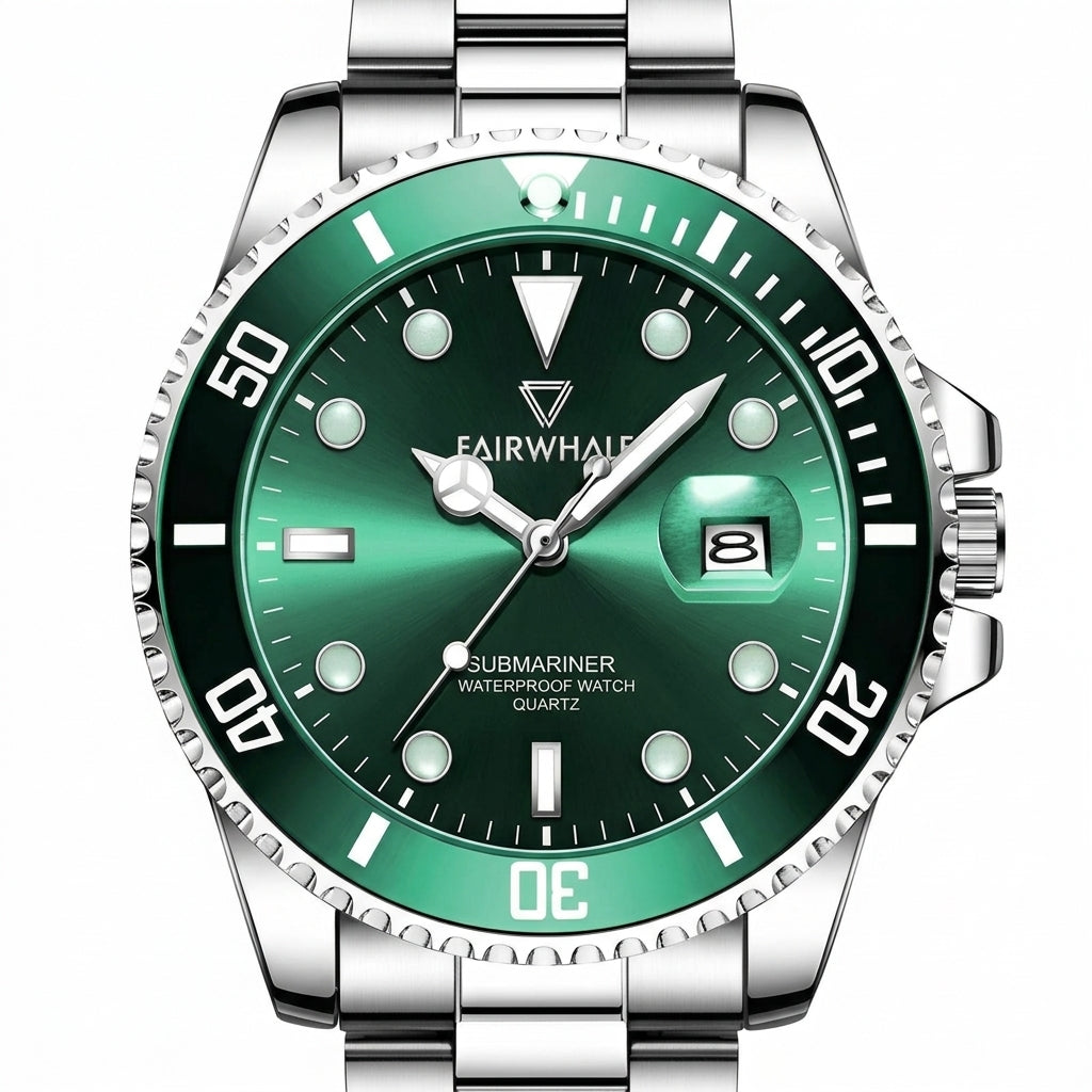 Green wristwatch with silver case and band on a white background