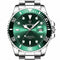 Green wristwatch with silver case and band on a white background