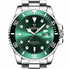 Green wristwatch with silver case and band on a white background