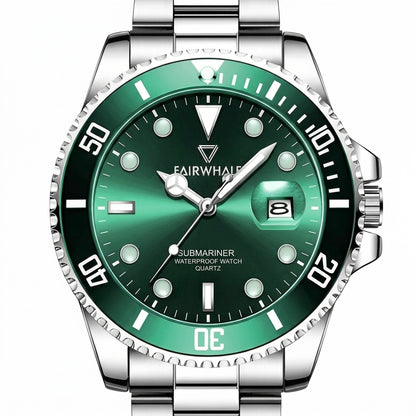 Green wristwatch with silver case and band on a white background