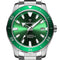 Green wristwatch with silver case and detailed face on a white background