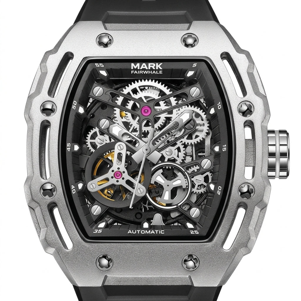 High-end mechanical watch with visible gears and brand name on a white background