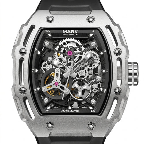High-end mechanical watch with visible gears and brand name on a white background