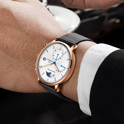 MARK FAIRWHALE ASTRON quartz moon phase chronograph black leather strap premium look