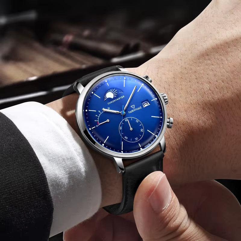 FW-5350 ASTRON moon phase chronograph black dial mesh watch worn with business suit