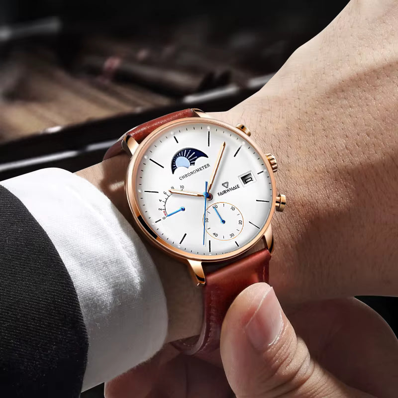 FW-5350 ASTRON quartz moon phase chronograph brown leather strap watch men fashion