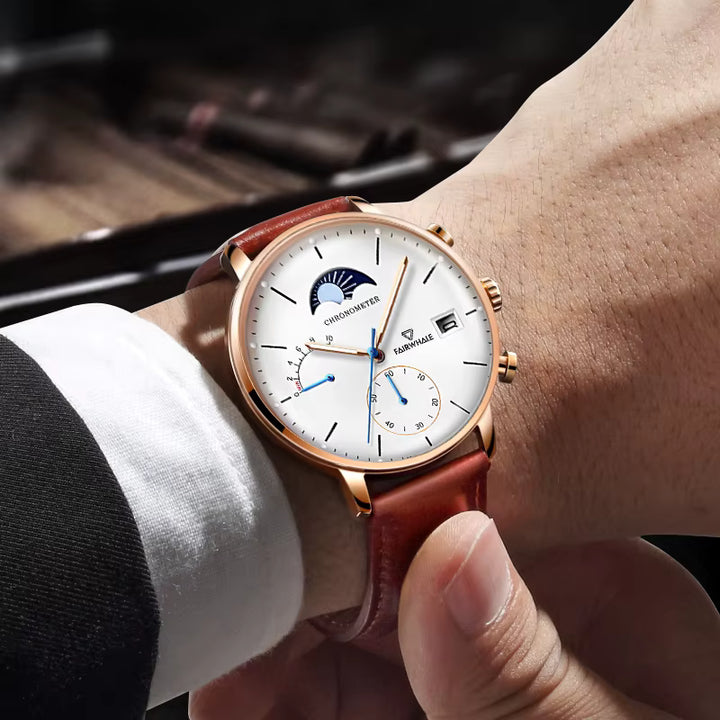 FW-5350 ASTRON quartz moon phase chronograph brown leather strap watch men fashion