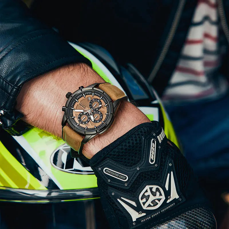 Lifestyle shot of Mark Fairwhale NOVANTOR men’s watch worn with biker gloves and helmet