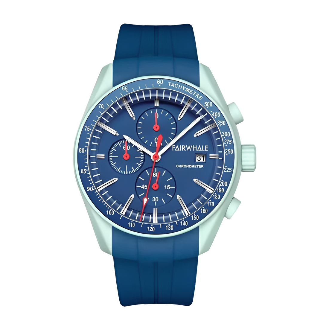 Light blue Mark Fairwhale FW-5650 FLOYREN men’s chronograph sport quartz watch on white and blue background