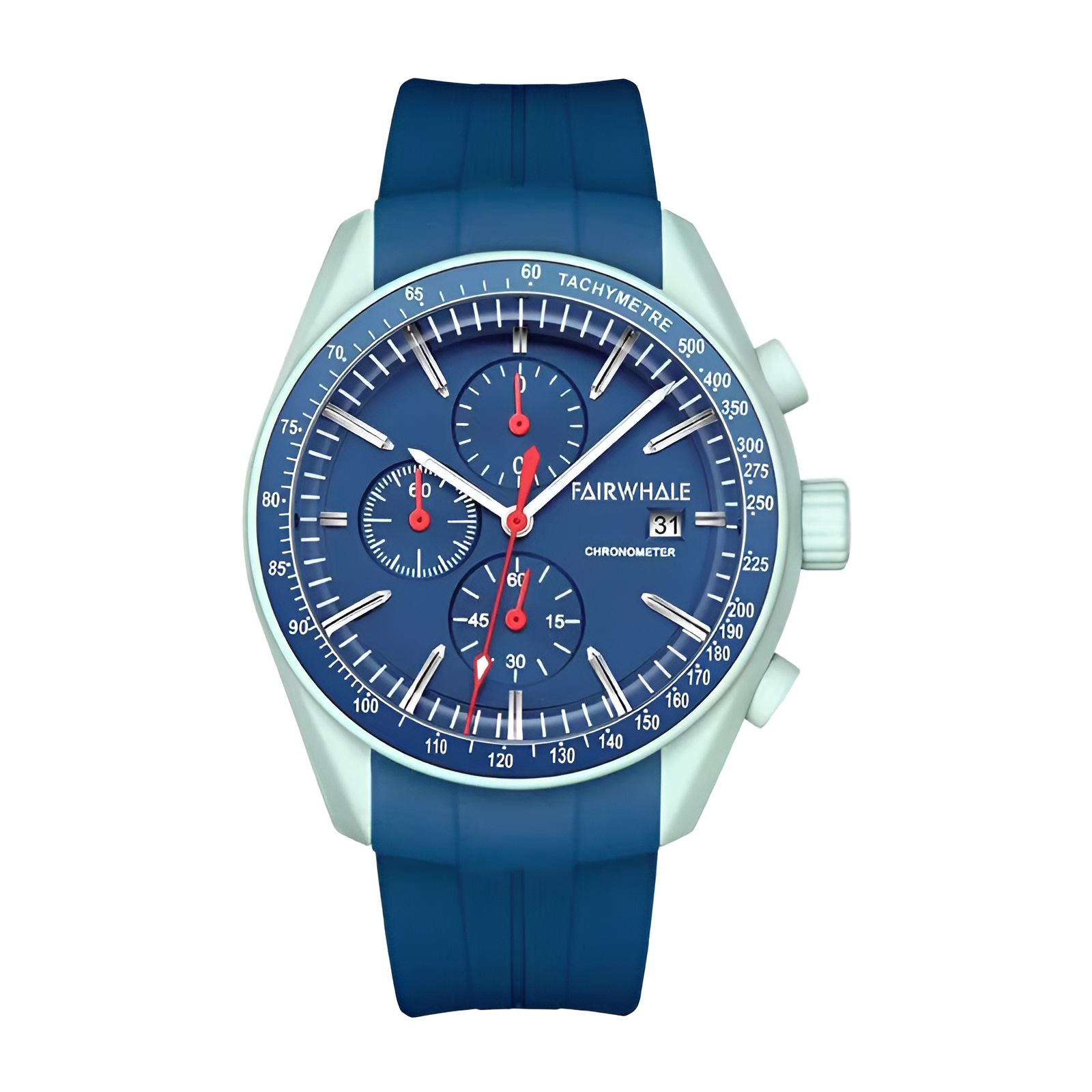 Light blue Mark Fairwhale FW-5650 FLOYREN men’s chronograph sport quartz watch on white and blue background