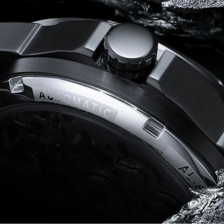 Luminous markers and hands ensure visibility while preserving the purity of the skeleton design.