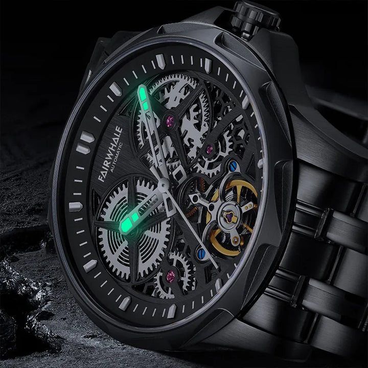 Luminous markers and hands ensure visibility while preserving the purity of the skeleton design.