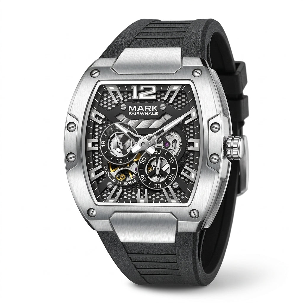 Luxury watch with black strap and silver case on a white background