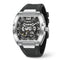 Luxury watch with black strap and silver case on a white background
