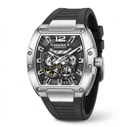 Luxury watch with black strap and silver case on a white background