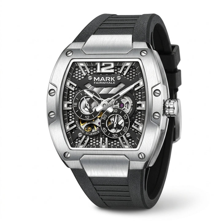 Luxury watch with black strap and silver case on a white background
