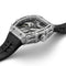 Luxury watch with black strap and silver case on a white background