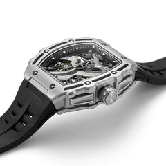 Luxury watch with black strap and silver case on a white background