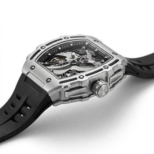 Luxury watch with black strap and silver case on a white background