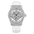 Luxury watch with diamond-studded face and white strap on a white background