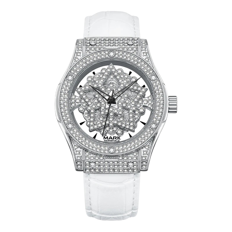 Luxury watch with diamond-studded face and white strap on a white background