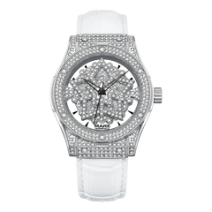 Luxury watch with diamond-studded face and white strap on a white background